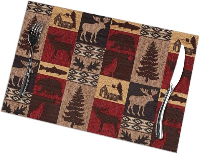 Lodge Bear Deer Fish Print Placemats Dining Table Place Mats Set of 6 Easy to Clean Durable