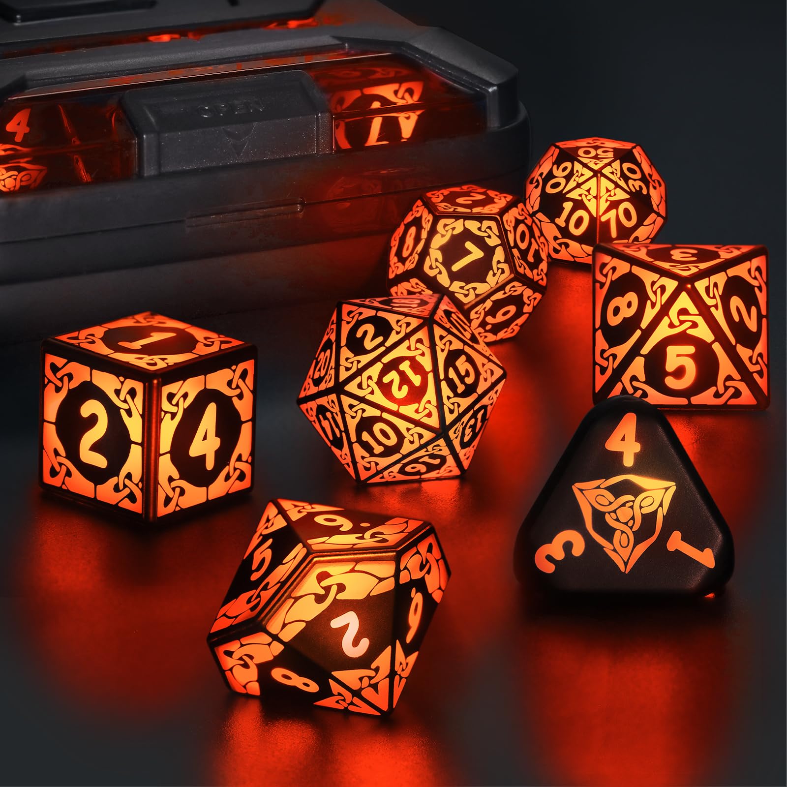 LED Dice Set DND, Cool Light up Dice Set Rechargeable for Dungeons and Dragons, ZHOORQI Polyhedral D and D Dice with Charging Box for Role Playing Game Gifts (Orange-Shackles) — image 1