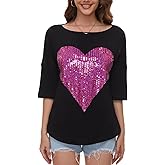 PESION Women's Sparkly Sequin Heart Love Shirts 3/4 Sleeve Loose Tunic Tops Boat Neck Love T-Shirt Tees