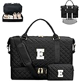 CLOUDWINGS Gifts for Women Girls Initial Travel Duffle Bag Quilted Weekender Carry-On Overnight with Cosmetic Bag, Gym Bag with Shoe Compartment, Black E