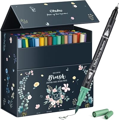 Ohuhu 120 Colours Dual Tip Colouring Pens Fineliner Brush Markers Set Maui Black
