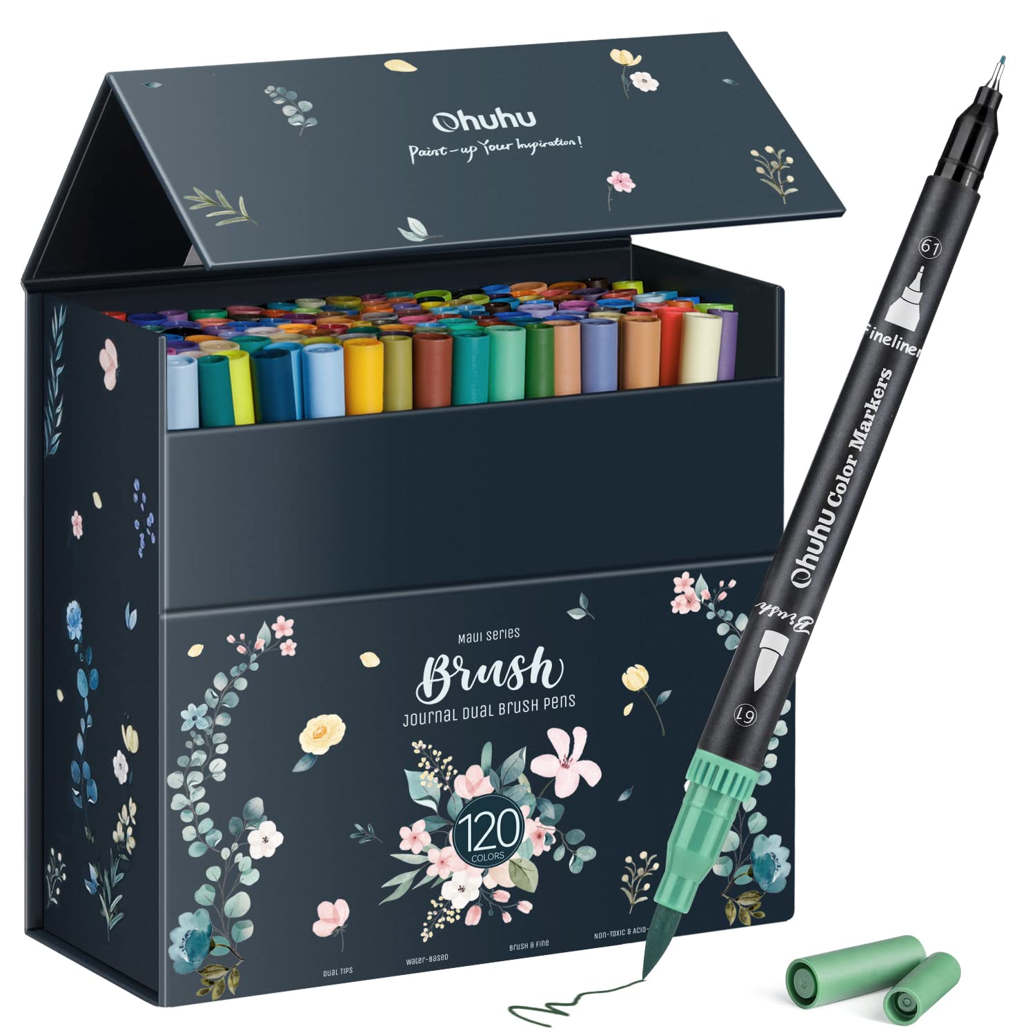Ohuhu 120 Colours Colouring Pens, Dual Tip Felt Tip Pens with Fineliner Art Markers Set for Adults Colouring Book Drawing Calligraphy Sketching Journal, Art Gift, Maui - Black
