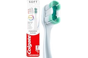 Colgate Total Active Prevention Foaming Clean Soft Toothbrushes, Soft Bristle Toothbrush Pack for Plaque Removal, Helps Reach Deeper Along The Gumline and Between Teeth, White, 2 Pack