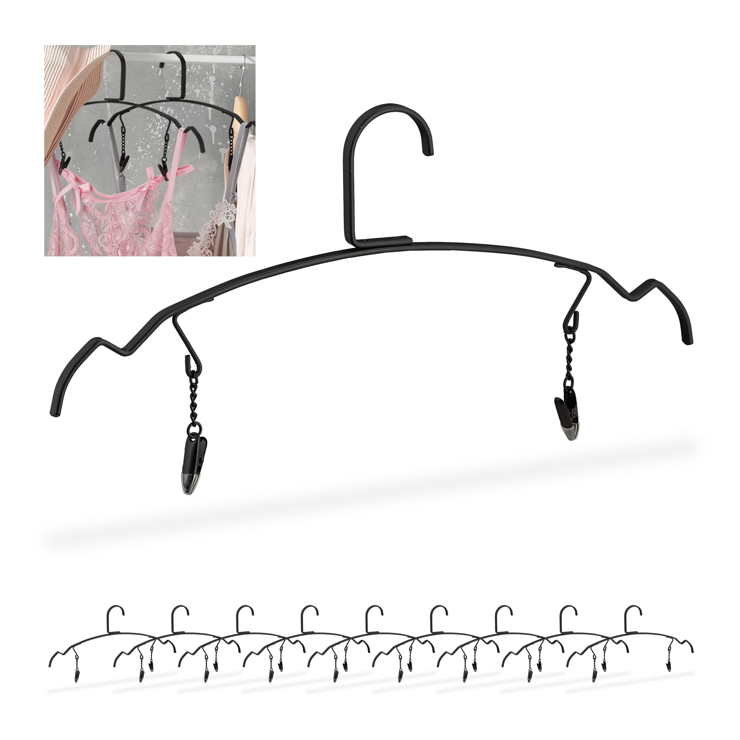 Relaxdays Set of 10 Hangers, for Clothes, Lingerie and Underwear, Holder with 2 Clips, Metall, 16.5 x 33 x 0.5 cm, Black