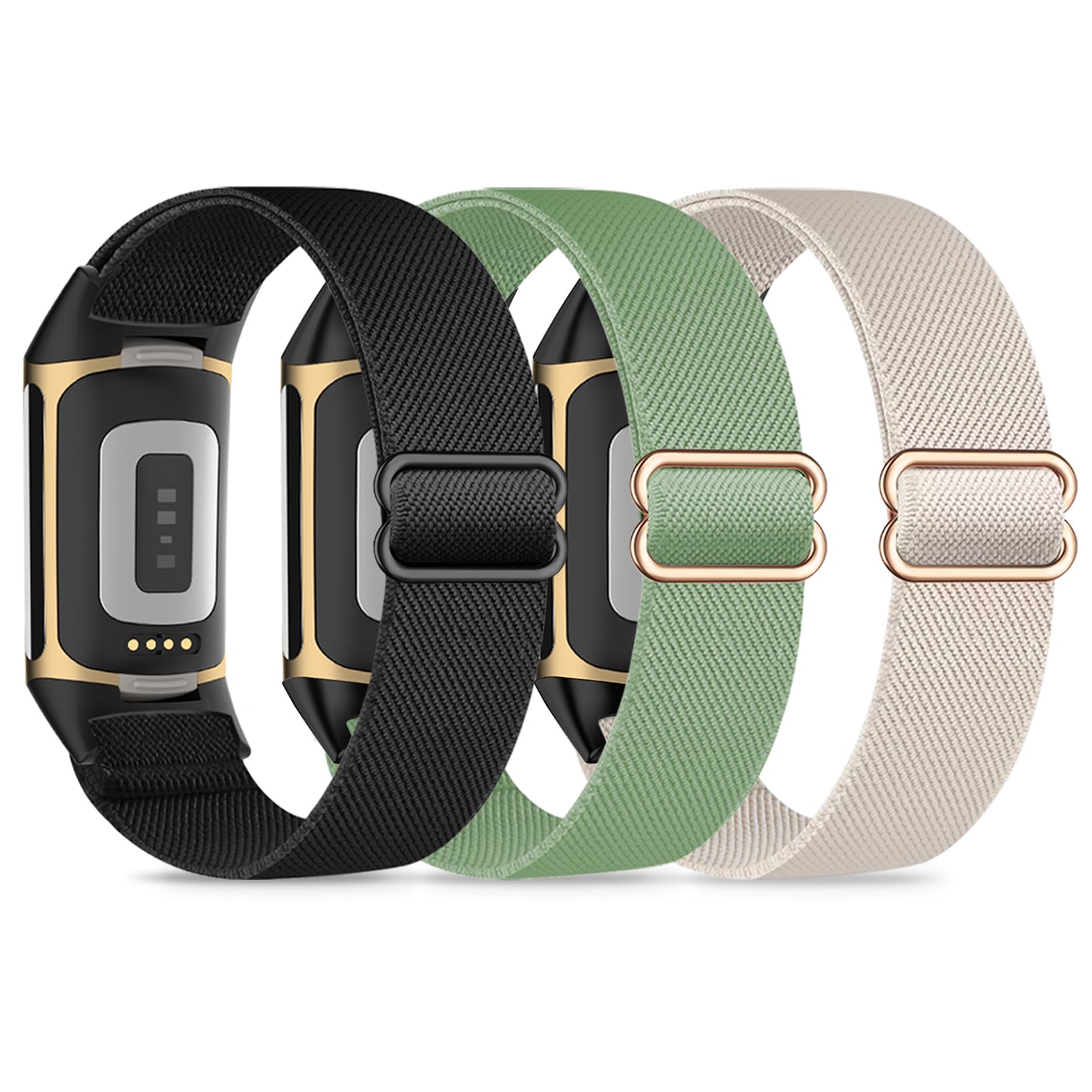 Wizvv Pack of 3 Elastic Wristbands Compatible with Fitbit Charge 5/6, Breathable, Adjustable, Stretchy Nylon Replacement Strap for Men and Women