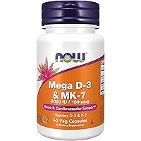 NOW Supplements, Mega D-3 & MK-7 with Vitamins D-3 & K-2, 5,000 IU/180 mcg, Bone & Cardiovascular Support*, 60 Veg…