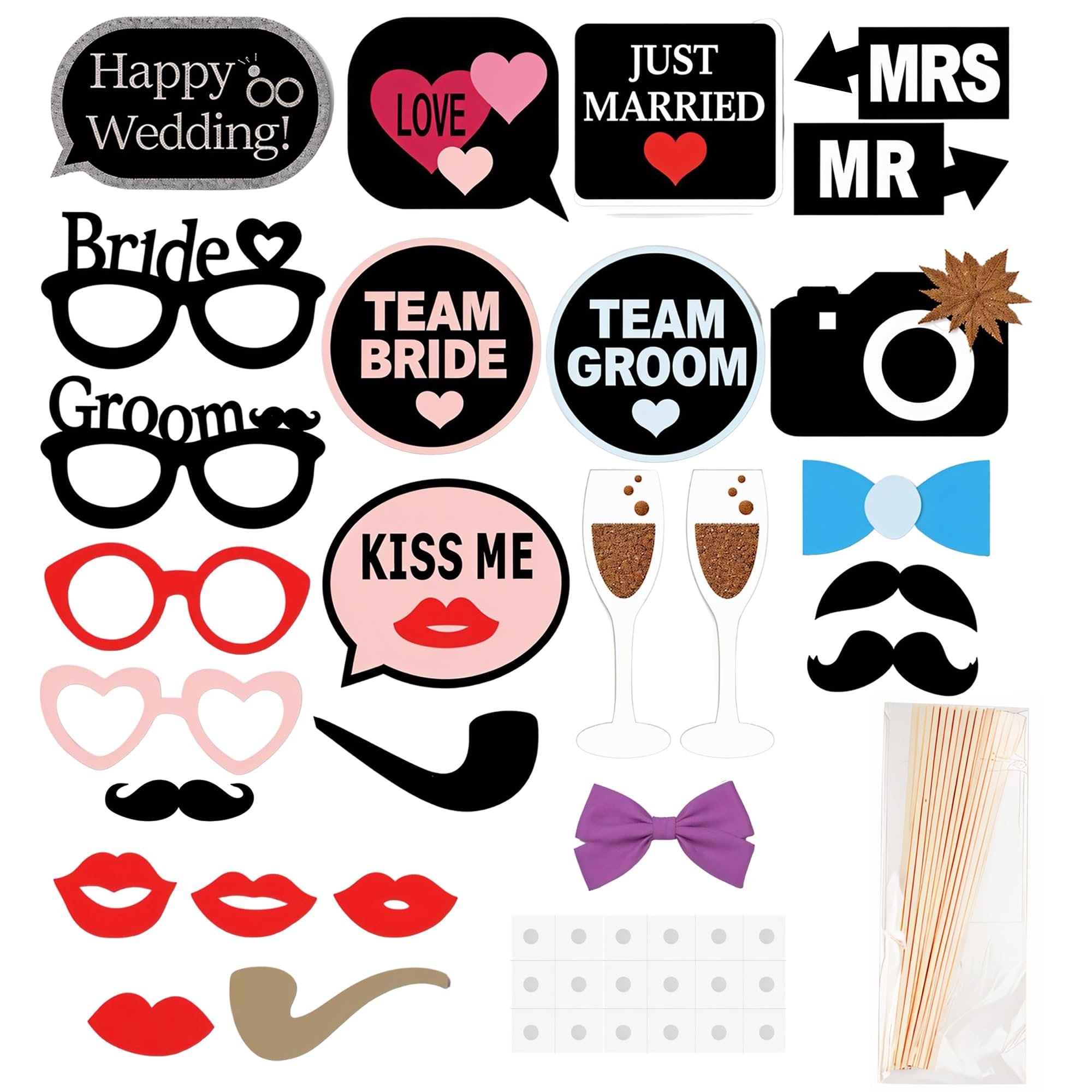 Trimming Shop 26pcs Wedding Party Photo Booth Props – Funny Photo Signs for Selfies, DIY Photo Props with Sticks, Ideal for Bridal Showers, Kids Birthdays & Party Celebrations
