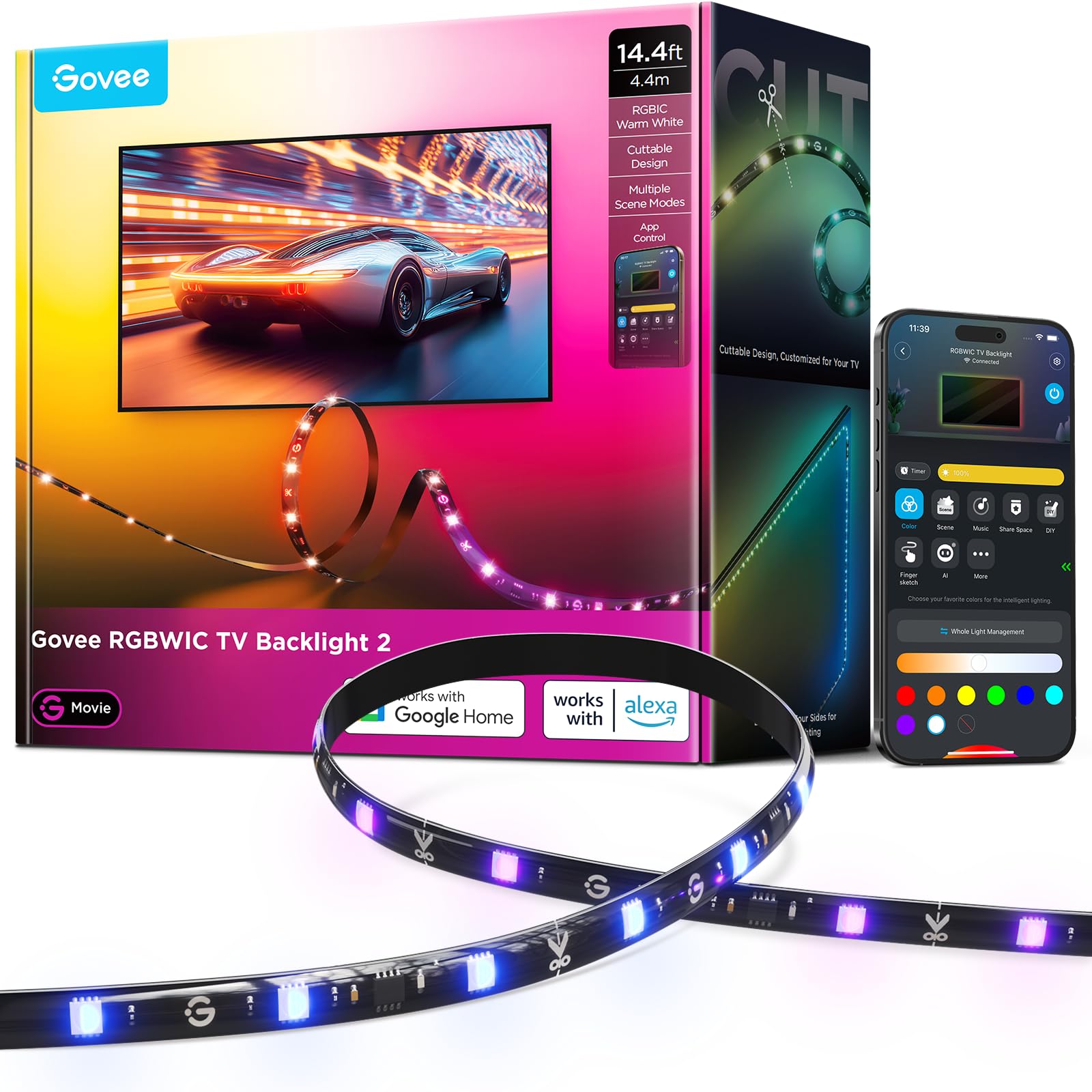 Govee TV LED Hintergrundbeleuchtung 2 Schneidbar für 32-70 Zoll TVs, RGBWIC 4,4m Streifen. 210+ Szenen, Matter-fähig, Musiksync, App-Steuerung, Alexa. Einfache DIY-Installation