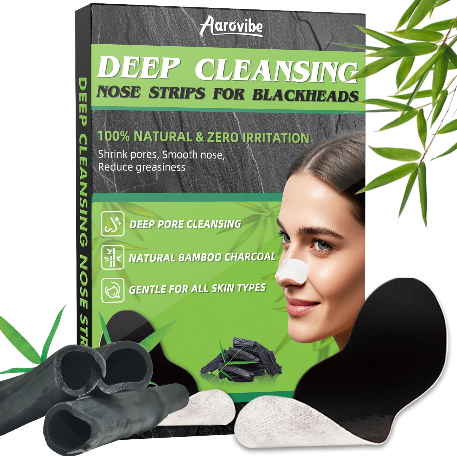 Photo 1 of **10 PCS**AAROVIBE Blackhead Remover Strip, Deep Cleansing Charcoal Strips, Powerfully Absorbs Blackheads, Whiteheads & Oil-control Nose Strip, Nose Pore Strips for Unisex & All Skin Types