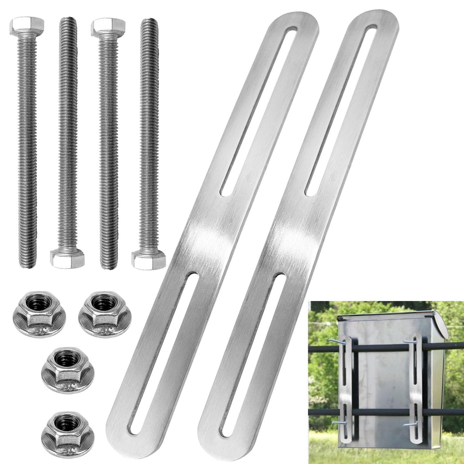 Mounting Set for Fence Mailbox, 2 Pieces Mailbox Mounting Bracket with M5 Bolts and M5 Nuts, 215x 24 mm, Letterbox Attachment for Postbox Attachment to Gates or Fences (Silver, 215 mm)