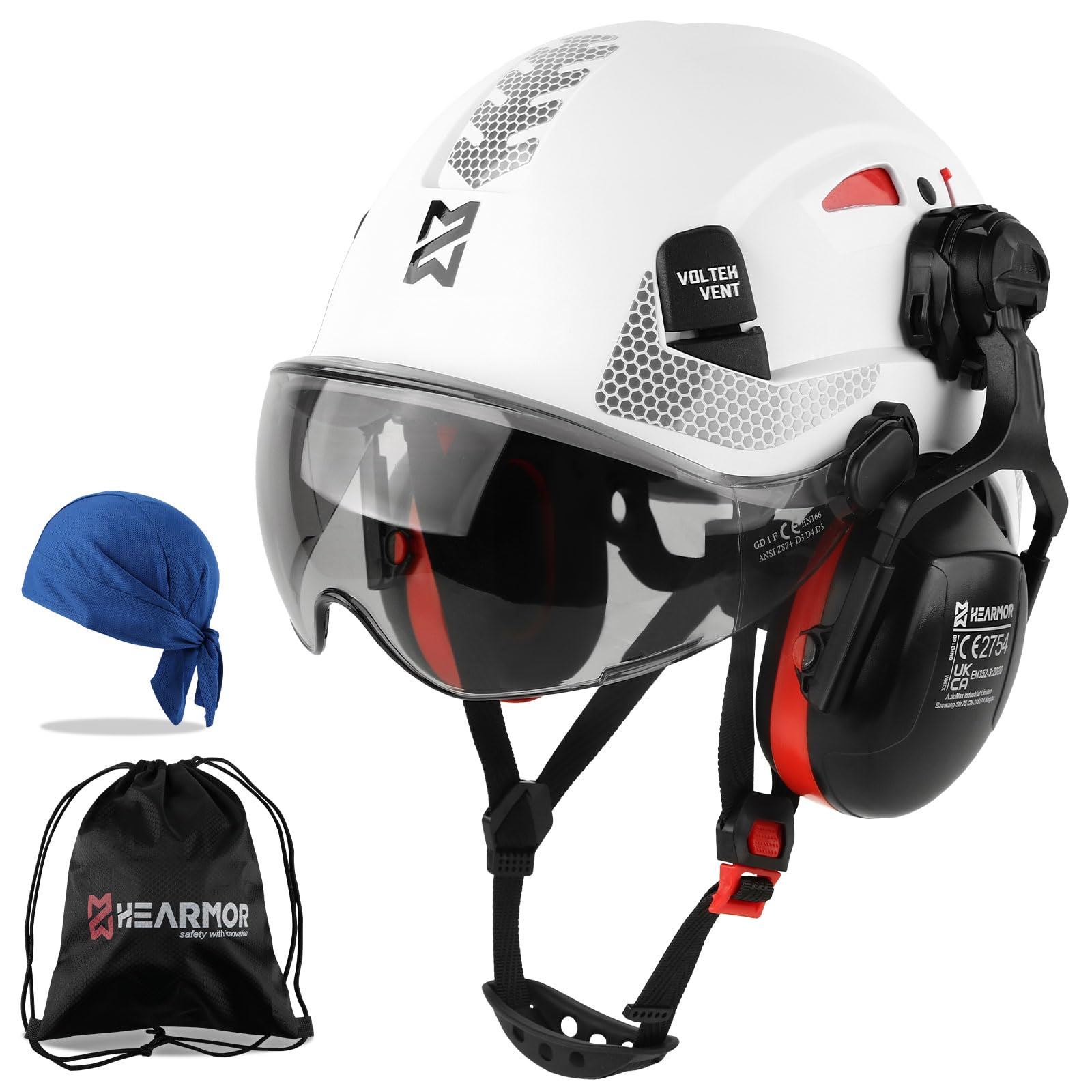 HEARMOR ANSI Z89.1 & EN397 Certified Safety Helmet/Hard Hat with Ear Protection – Lightweight Vented Work Helmet Kit, 6-Point Suspension System – Ideal for Industrial & Construction Professionals
