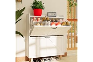 JOKOLO Shoe Cabinet Storage,Farmhouse Freestanding Organizer with 2 Flip Drawers and 4 Wooden feet,Narrow Shoe Rack Cabinet for Entryway,White