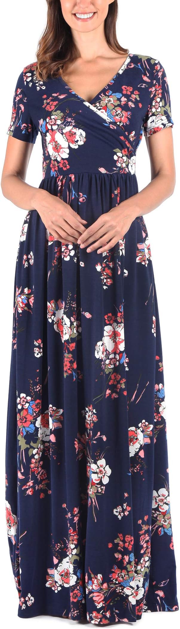 Comila Women's Summer V Neck Short Sleeves Casual Floral Maxi Dress with Pockets