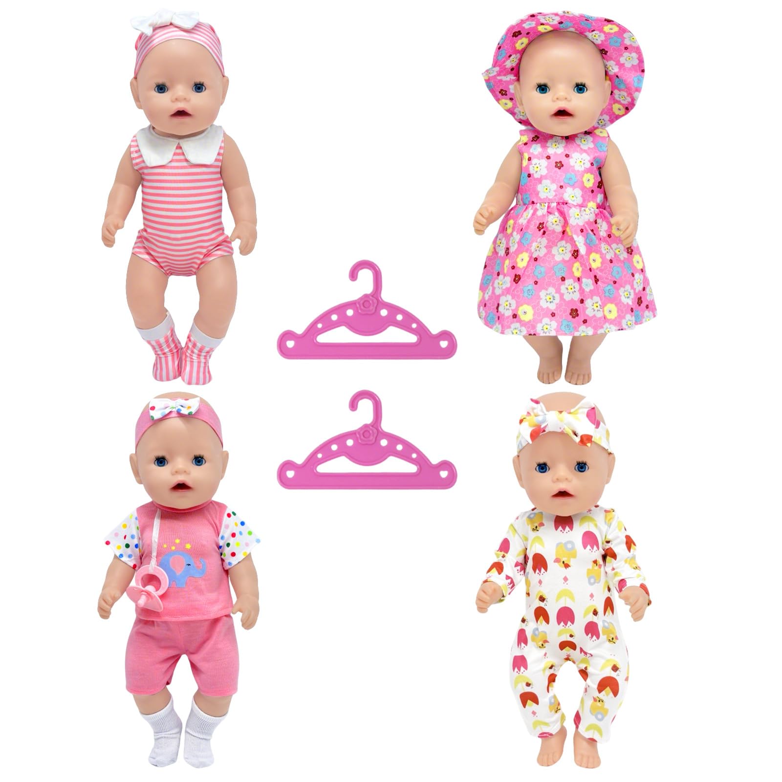 WanderGo Baby Doll Clothes for 35-43 cm Dolls, 4 Piece Sweet Baby Doll Outfits includes Short-Sleeve Set, Long-Sleeve Set, Skirt Set, Sleeveless Set and Hanger for 14-18 Inch Dolls (Doll Not Included)