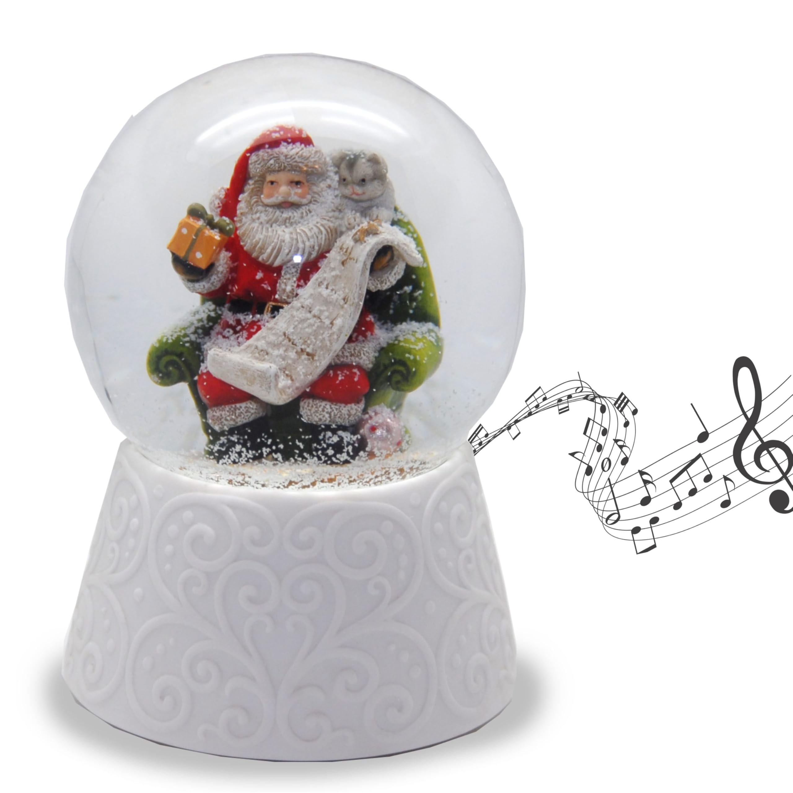20089 Snow Globe with White Porcelain Base Santa with Gift List Music Box 10 cm Diameter