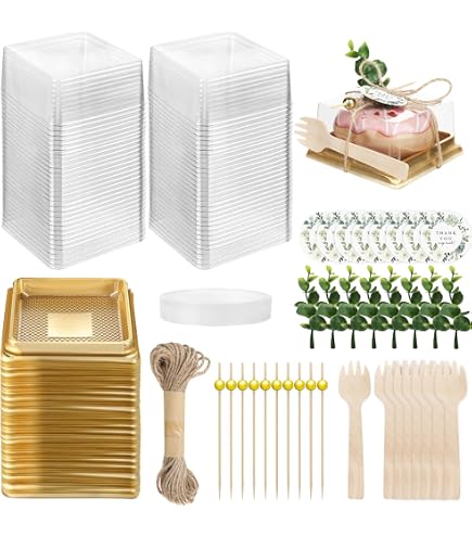 Honeydak Transparente Kuchenbehälter Mit Deckel – 100 Stück, Inkl. Gabeln, Eukalyptusblättern & Karten, Für Partys