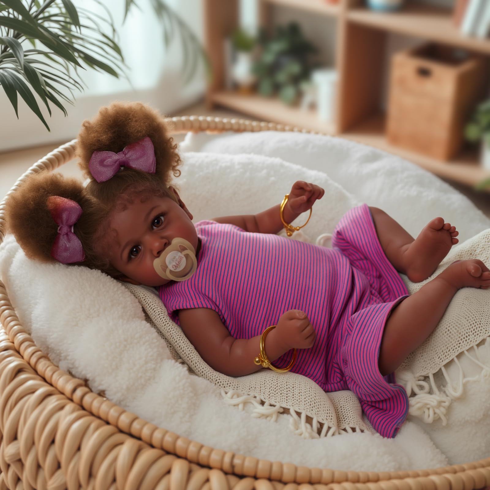 JIZHI Reborn Baby Dolls Black - 22 Inch Lifelike Soft Body Realistic-Newborn Baby Dolls Taupe Eyes Caramel Skin Tone Pink Striped Skirt Real Life and Toy Accessories Gift for Kids Age 3