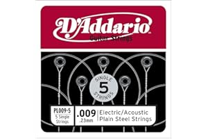 D'Addario PL009-5 Plain Steel Guitar Single String, .009, 5-pack