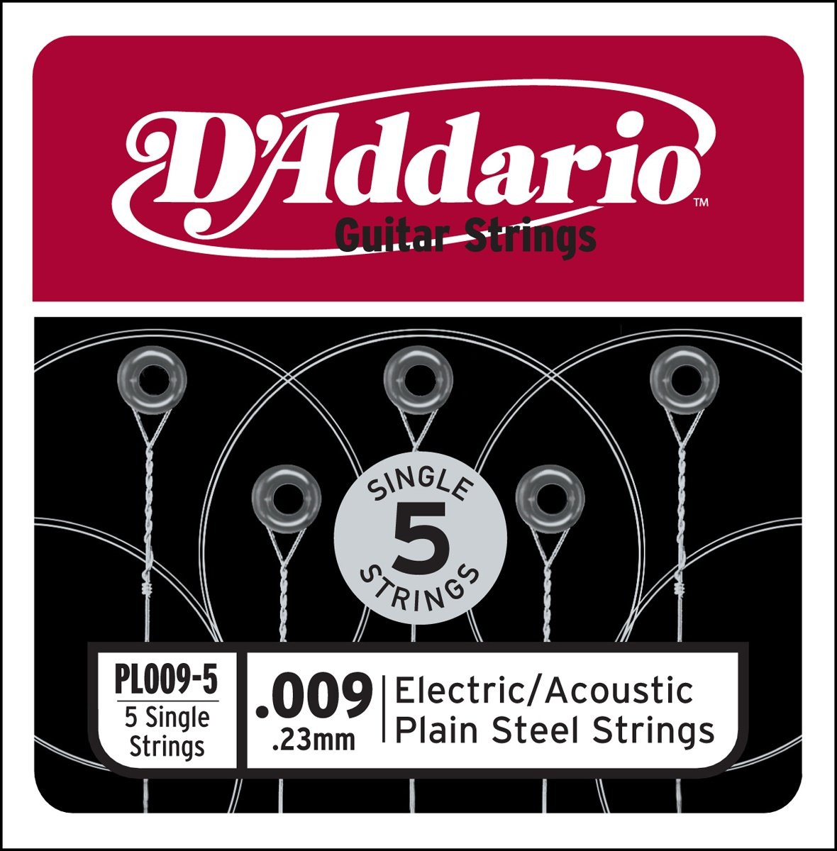 D'Addario PL009-5 Plain Steel Electric/Acoustic Guitar Strings 5-Pack