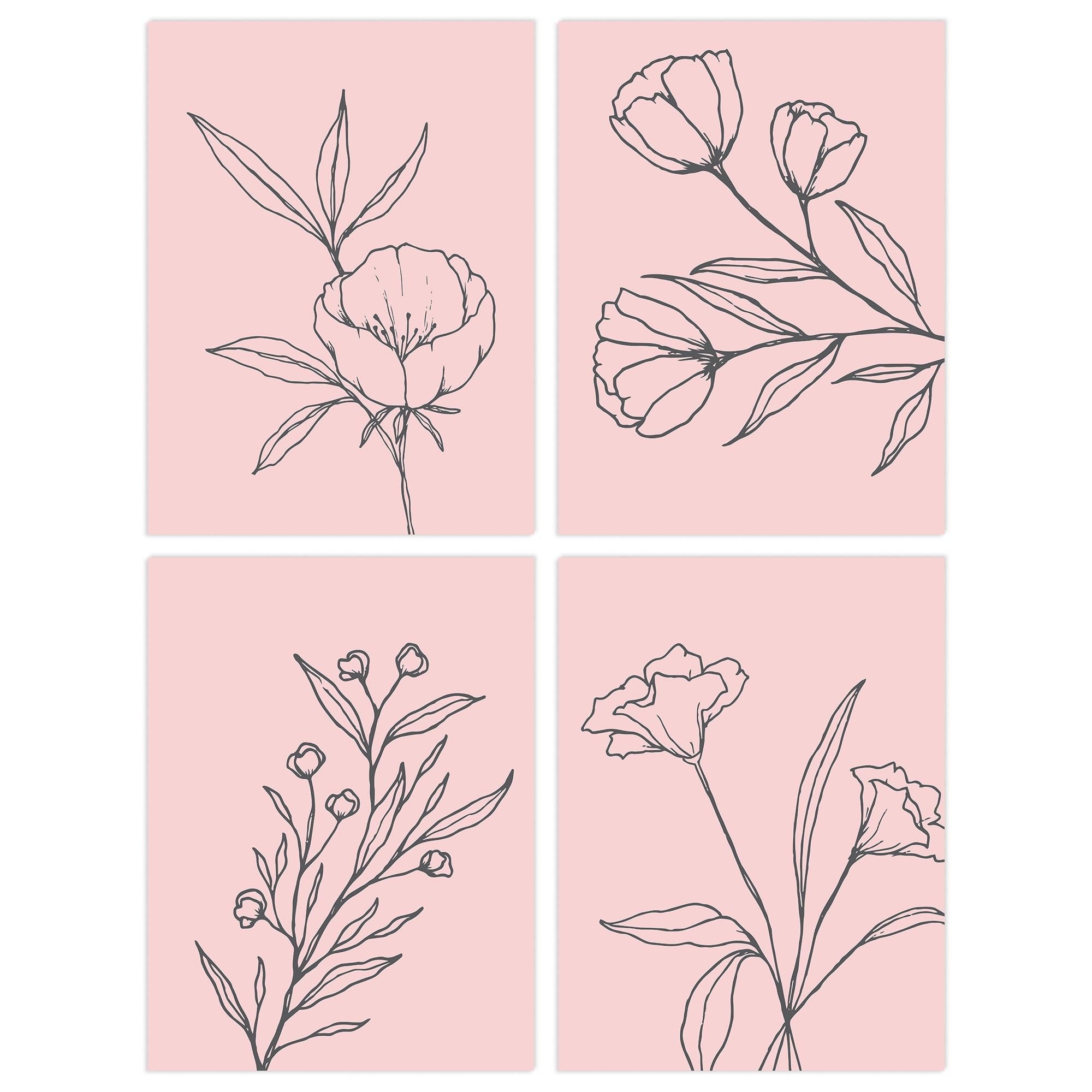 Wee Blue Coo Pack of 4 A4 Minimalist Wildflower Outline Black on Pastel Pink Simple Floral Unframed Wall Art Living Room Prints Set