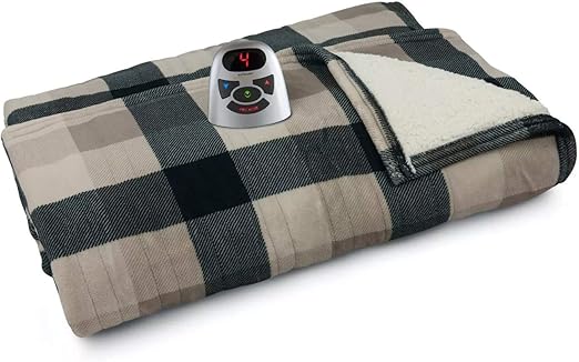Biddeford Blankets Micro Plush Sherpa Electric Heated Blanket with Digital Controller, Queen, Black/Taupe/Cream Plaid