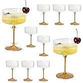 XUWAIDSGN 12 Pcs Champagne Martini Glasses 9 Oz with Gilded Removable Gold Rim Coupe Glasses Pink Martini Glasses Plastic Mimosa Vintage Coupe Glasses Set For Wedding Anniversary (12, Ribbed Gold)