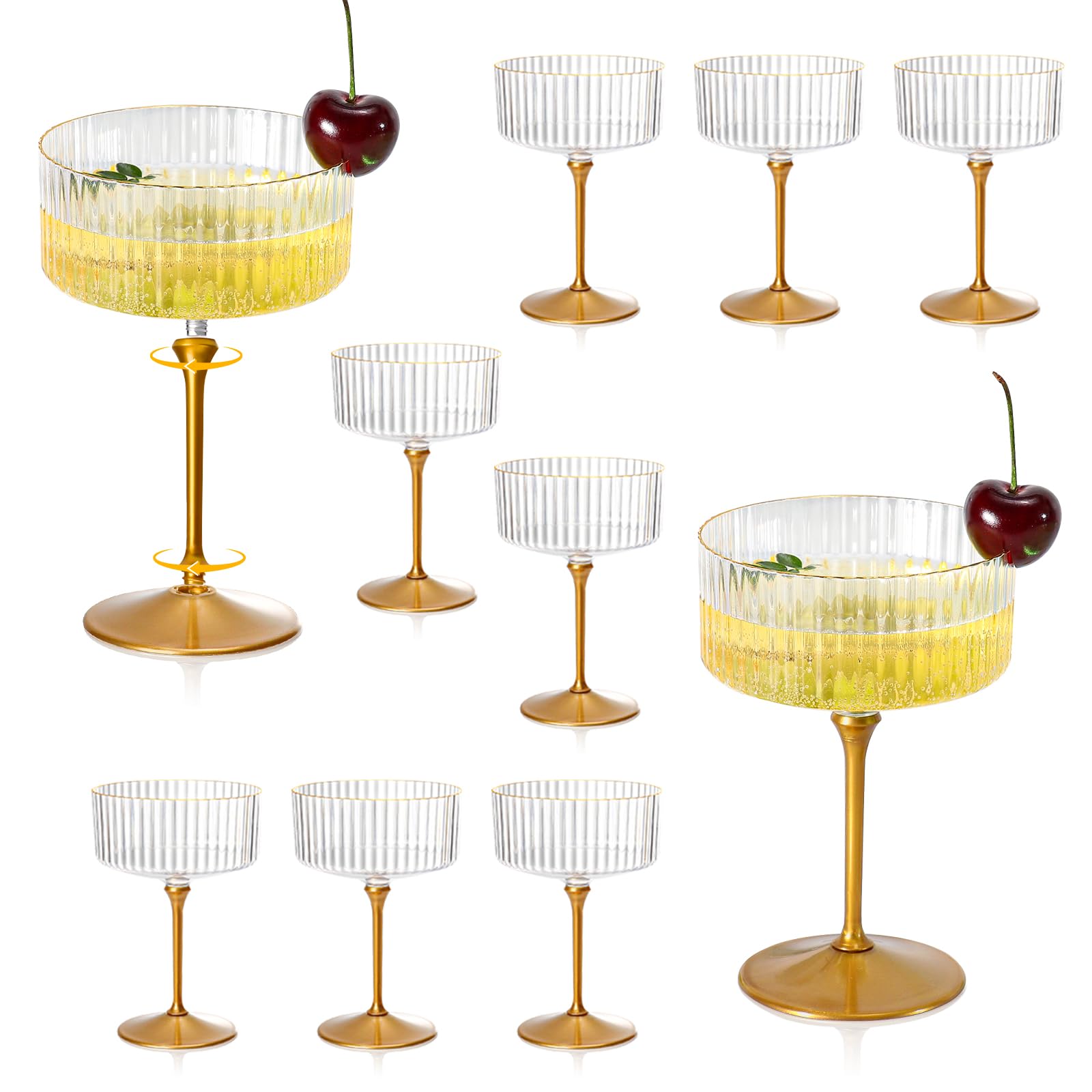 Photo 1 of 12 Pcs Detachable Martini Glasses 10oz Plastic Clear Ribbed Coupe Glasses Gold Rim With Gold Stem Vintage Cocktail Glassware Set Unique Martini Glass For Champagne Wine Wedding Anniversary