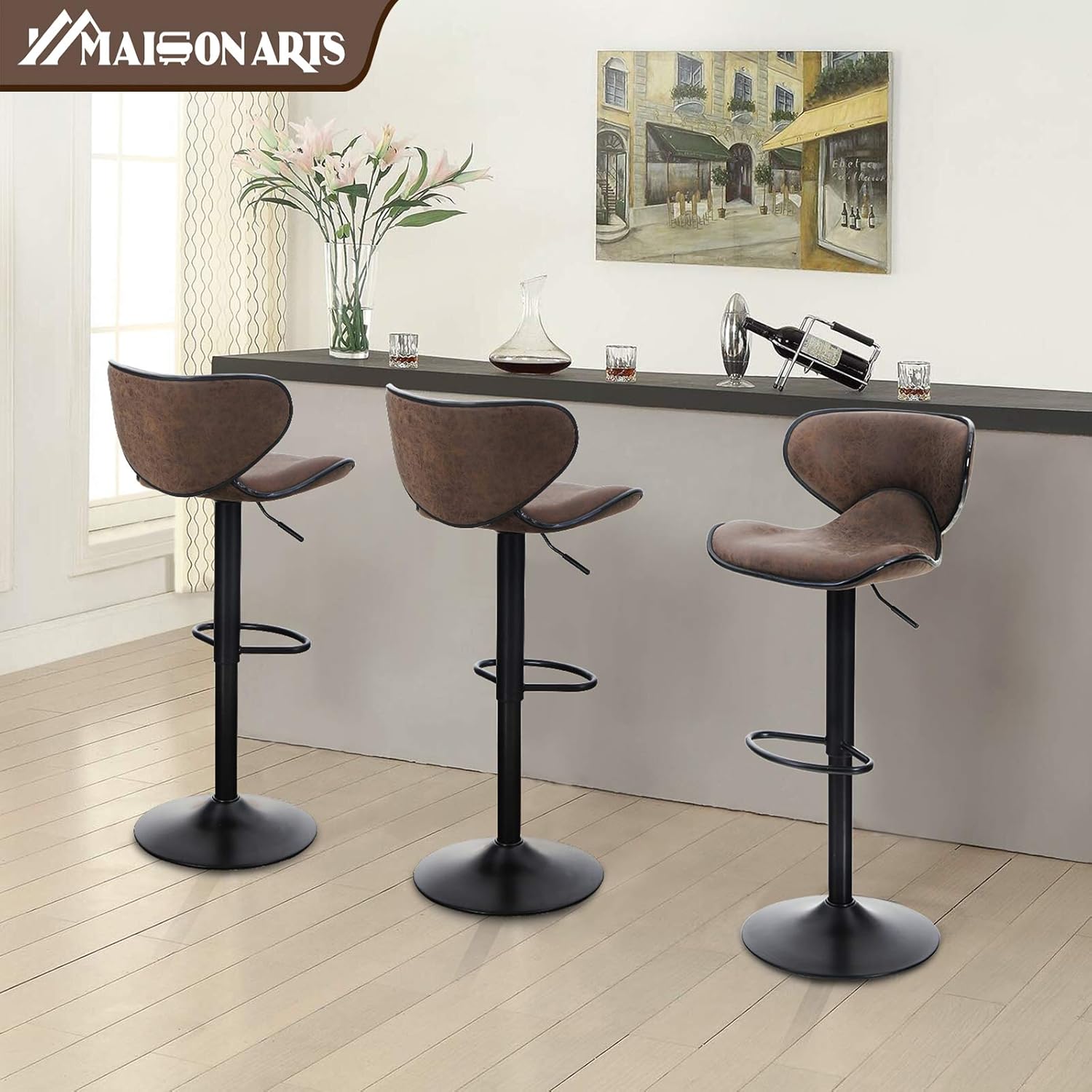 MAISON ARTS Counter Height Bar Stools Set of 2 Swivel Adjustable Barstools with Back for Kitchen Counter Tall Bar Height Chairs Faux Leather High Stools for Kitchen Island,300 LBS Bear Capacity,Brown: Kitchen & Dining