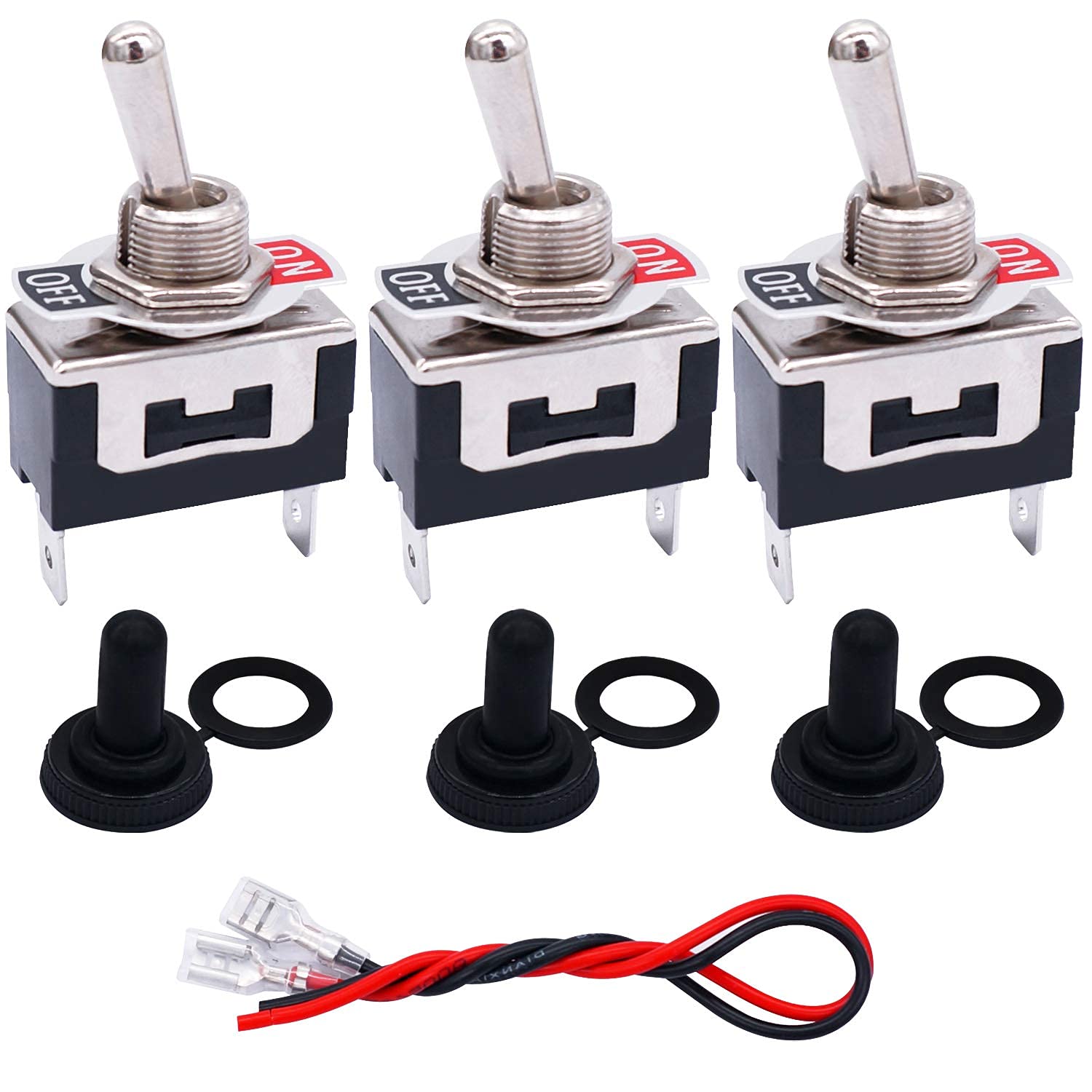 Taiss/3 Pcs Rocker Toggle Switch Heavy Duty 2 Pin 2 Position ON/Off SPST 16A 250VAC Spade Terminal Metal Bat Switch with Waterproof Boot Cap and 6.3mm Terminal Wires TEN-1021MX-B101