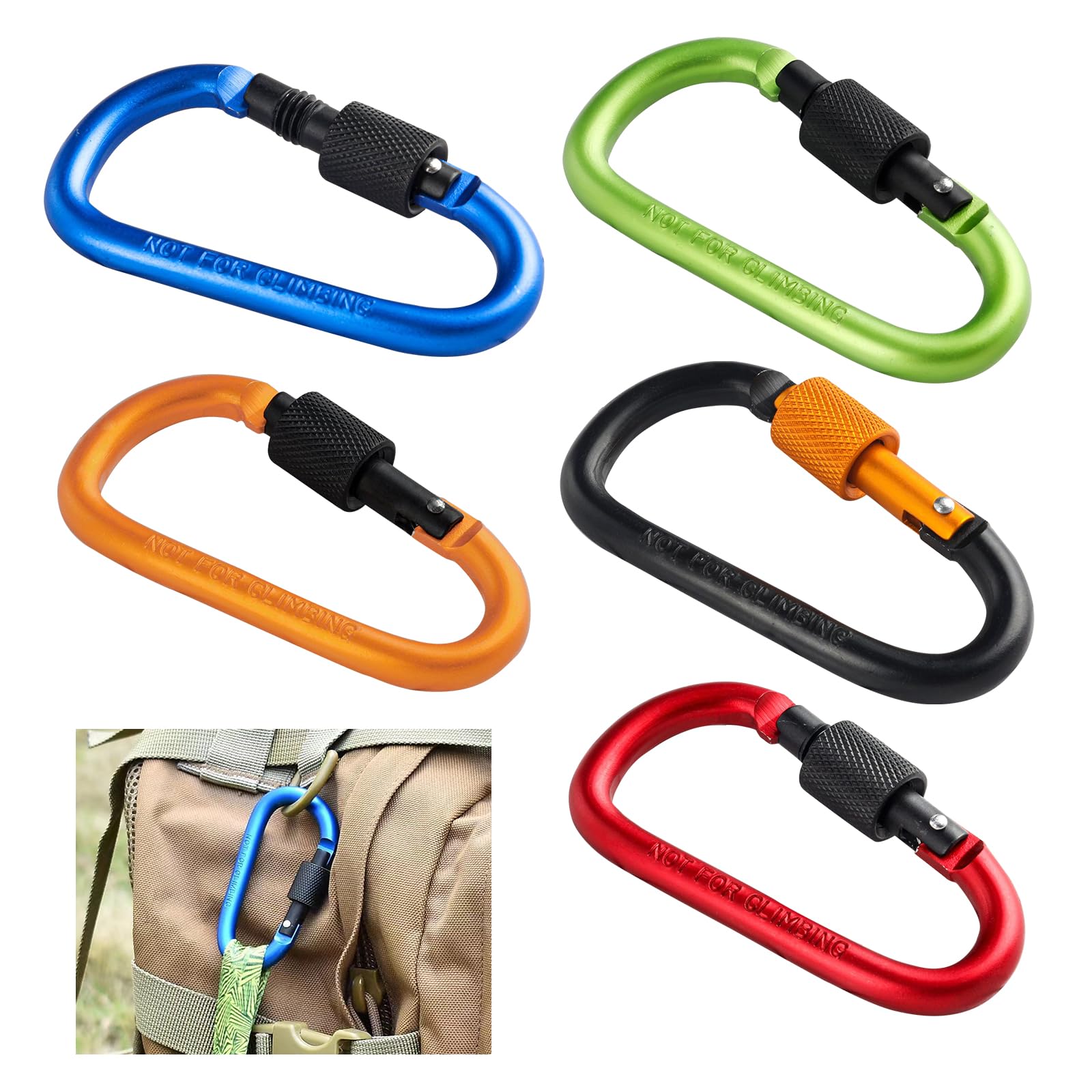 MFCGHXR 5 PCS 8cm D Shape with Locking Screw Nuts, Spring-loaded Gate Carabiner Clips, Small Carabiner, D Shape Keychain Clips, for Key Chain Camping Fishing Hiking Travelling Backpack(5 Colors)