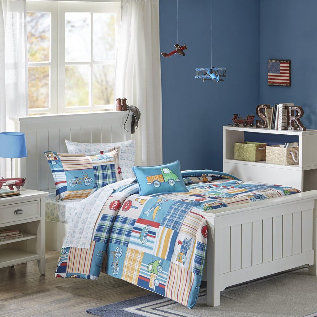 Mizone Kids Choo Choo Charlie Full Kids Bedding Sets for Boys - Blue, Parchwork Trains, Plane, Plaid – 8 Pieces Boy Comforter Set – Ultra Soft Microfiber Kid Childrens Bedroom Comforters