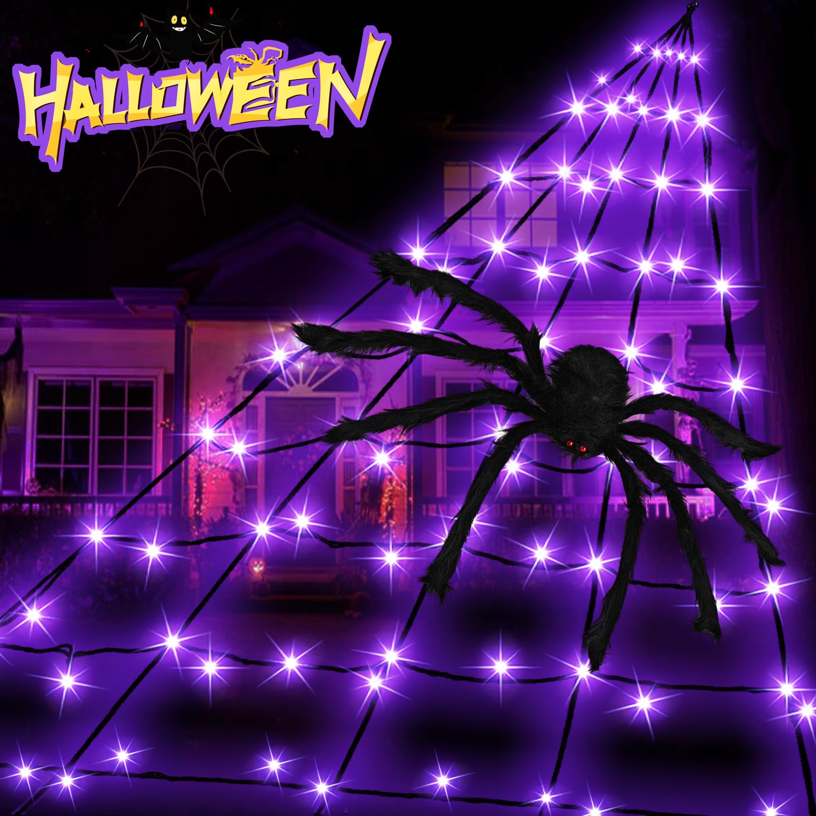 Photo 1 of Halloween Spider Webs Decorations Outdoor Lights, 19.7*14.8FT Giant Spider Web with 250LED Purple Lights, Halloween Light up Triangular Black Spider Web with 8 Modes&Spider for Yard Home Parties Decor