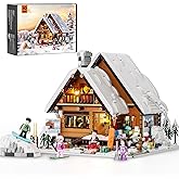 FUNWHOLE Christmas Ski-Cabin Lighting Building-Bricks-Set - Retro Christmas Winter Snow House Collection LED Light Building Construction Holiday Model Set 2187 Pcs for Adults and Teen