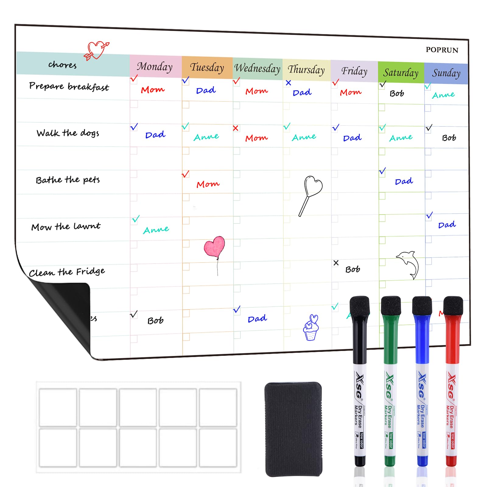POPRUN Magnetic Whiteboard for Fridge, A3 Chore Chart for Family, Weekly Planner, Family Organiser, Daily Schedules, Reminders, Memos and to Do Lists