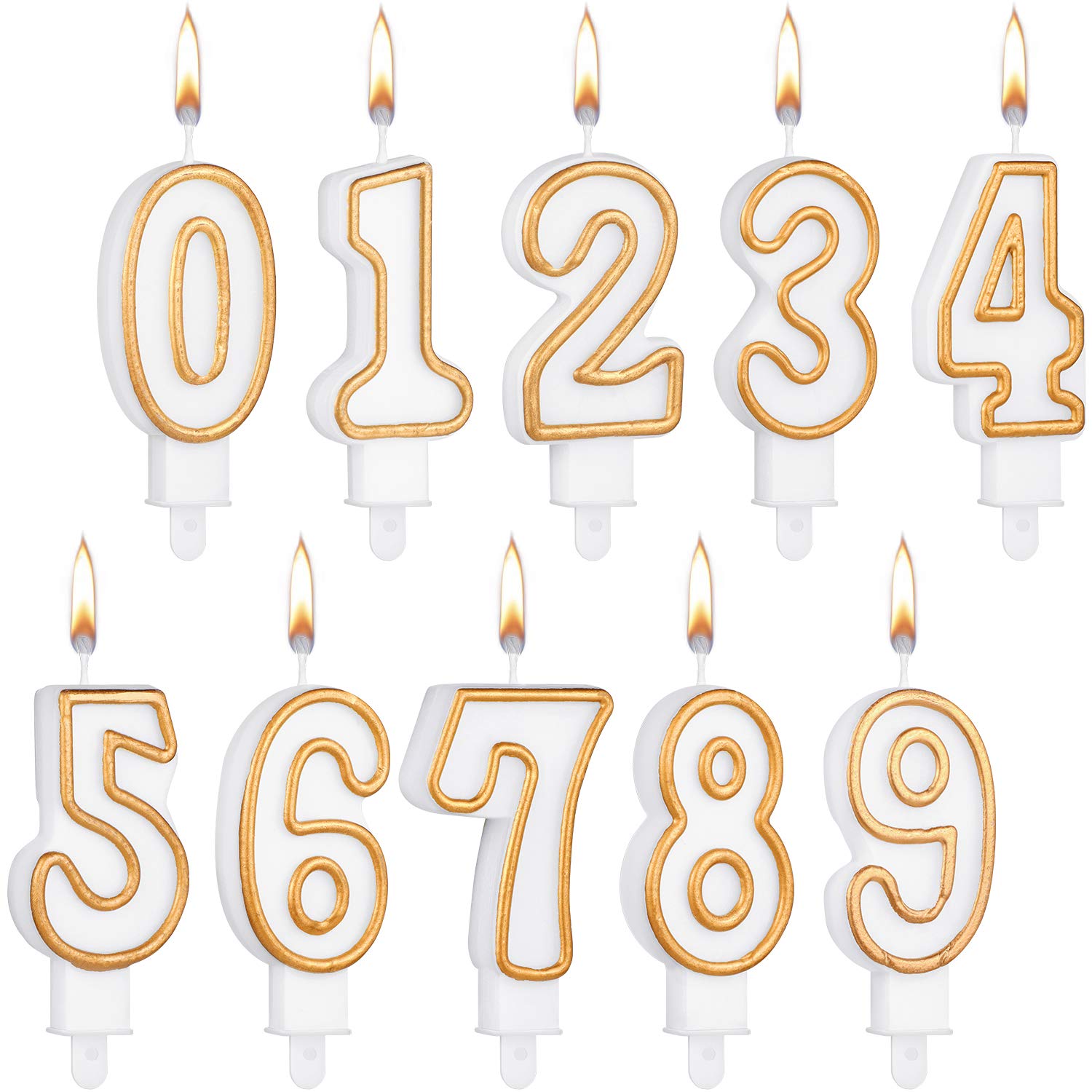Photo 1 of 10 Pieces Cake Number Candles Birthday Numeral Candles Numbers 0-9 White Bougie with Golden Edges Cake Topper Bougie Decoration for Wedding Birthday Party Supply