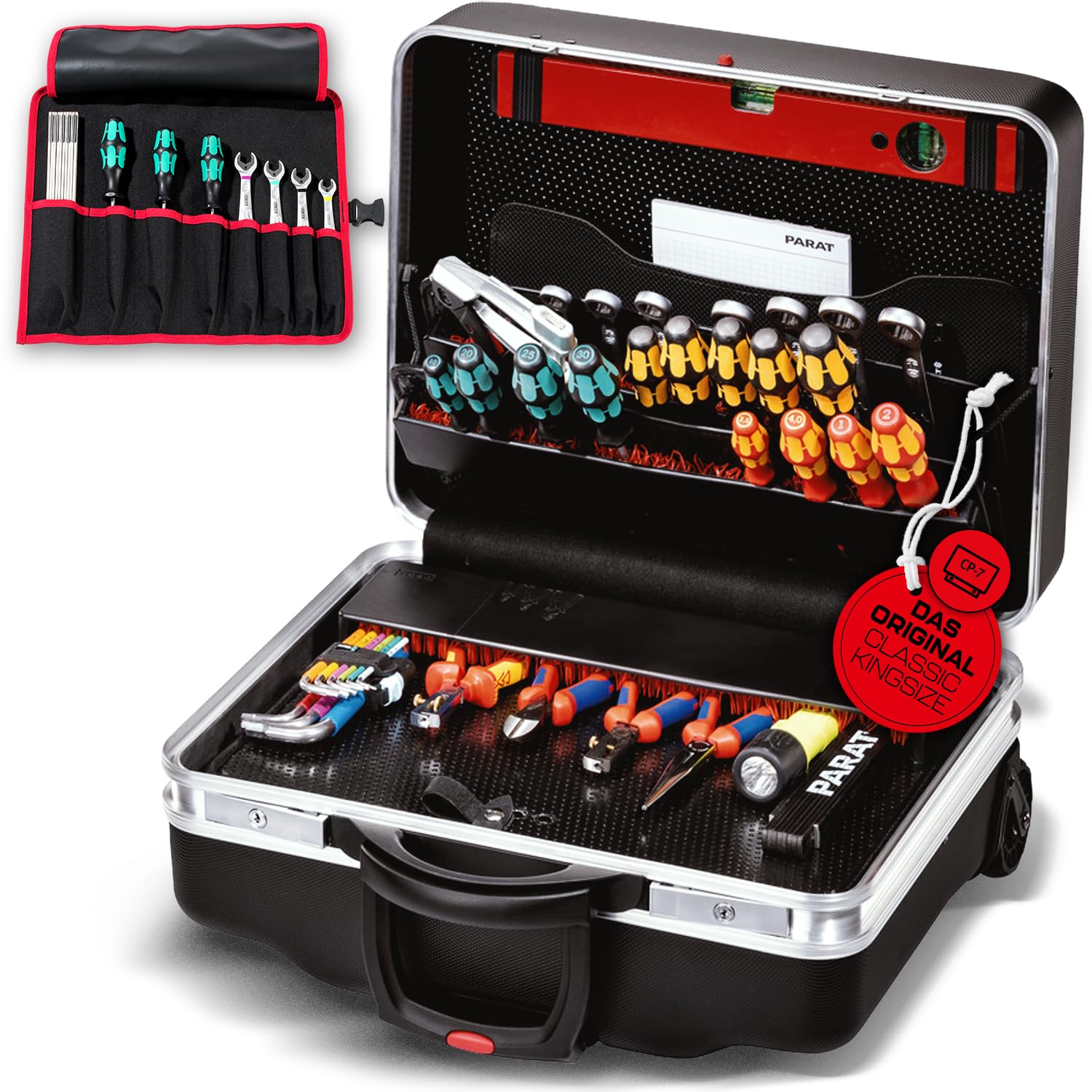 PARAT CLASSIC KingSize Roll neo CP-7 | Werkzeugkoffer leer für 60 Werkzeuge | Inkl. BASIC Roll-Up Case 8 | Rollkoffer mit CP-7 Halterungen | Bodenschale & Dokumentenfach | mit Teleskopauszug & Rollen