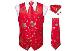 DiBanGu Christmas Men's Suit Vest and Tie Snowflake Waistcoat Necktie Pocket Square Cufflinks Set Festival Party Gifts