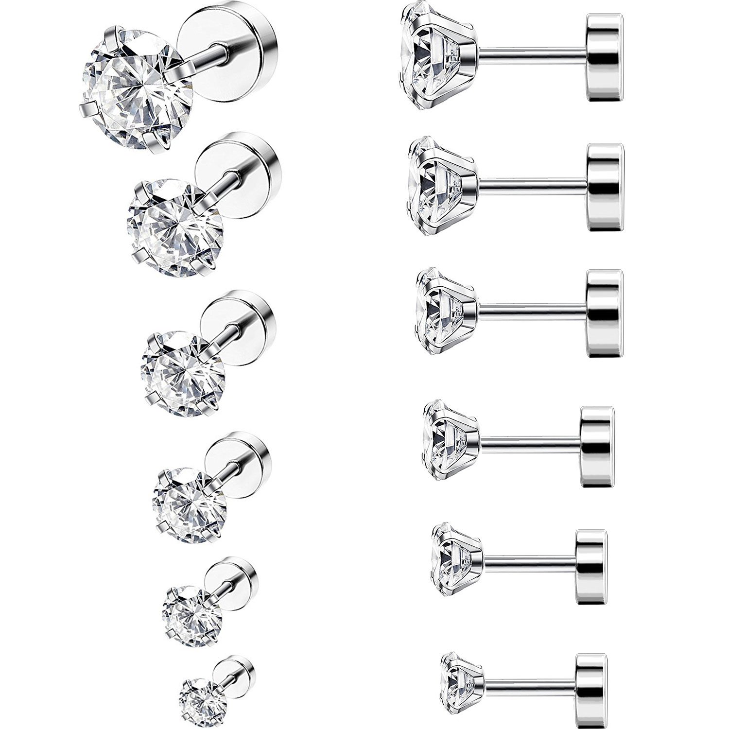 6 Pairs 18G Stainless Steel Cubic Zirconia Studs Earrings Cartilage Ear Helix Tragus Barbell Piercings, 6 Size