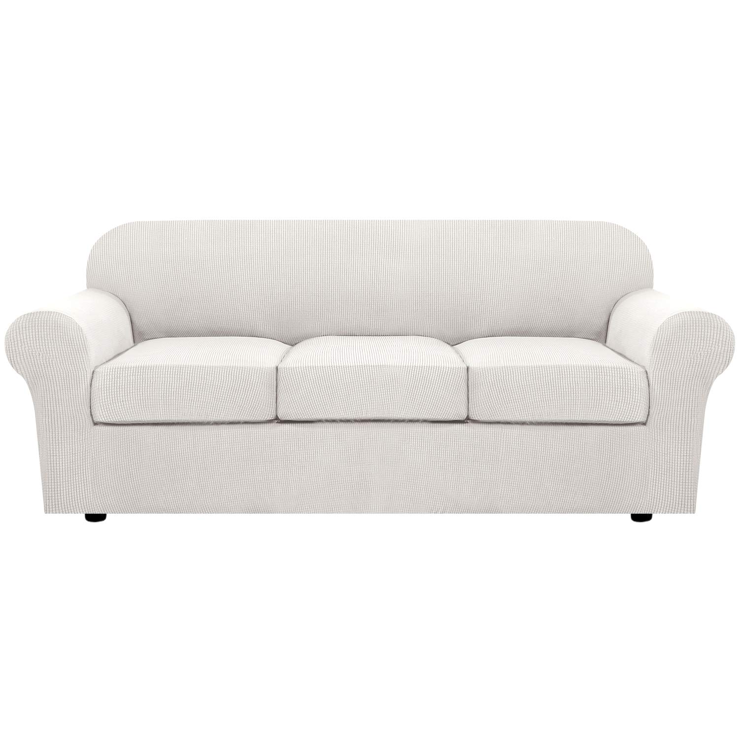H.VERSAILTEX 4 Piece Stretch Sofa Covers for 3 Cushion Couch Covers for Living Room Furniture Slipcovers (Base Cover Plus 3 Seat Cushion Covers) Upgraded Thicker Jacquard Fabric (Sofa, Off White)