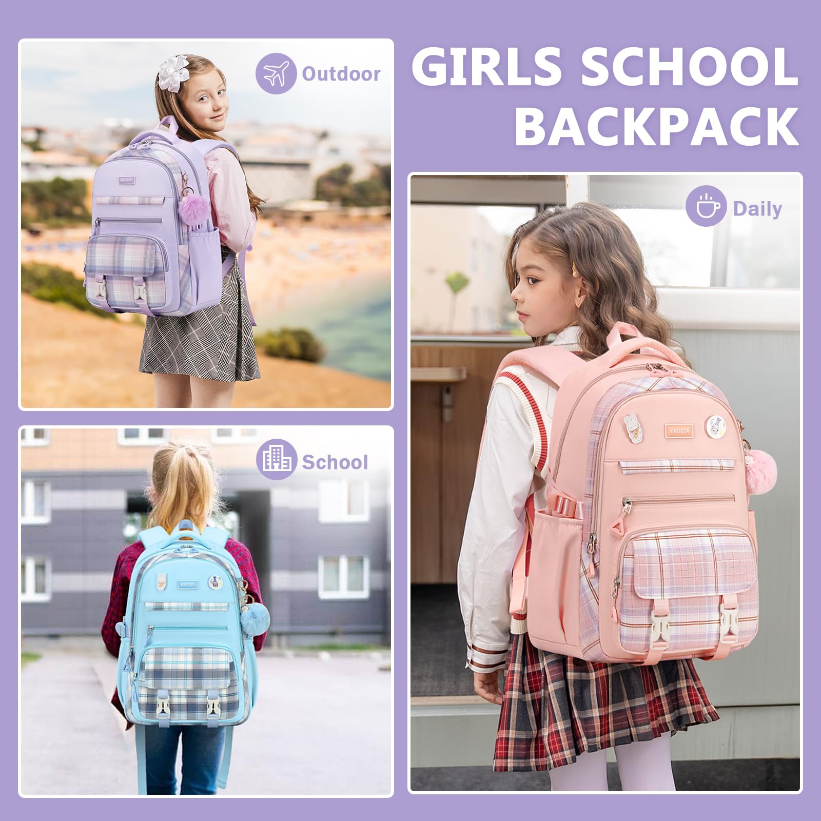 Girls Backpack for School, Kawaii Bookbag for Teen Multiple Pockets Kids Backpack for Primary Elementary Middle School, Age 6-14,Purple