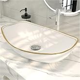 MEJE 22 X 16 inch LUXURY GOLD rim Oval Vessel, Above Counter Bathroom Sink, Porcelain Ceramic Vessel Vanity Sink, Art Basin
