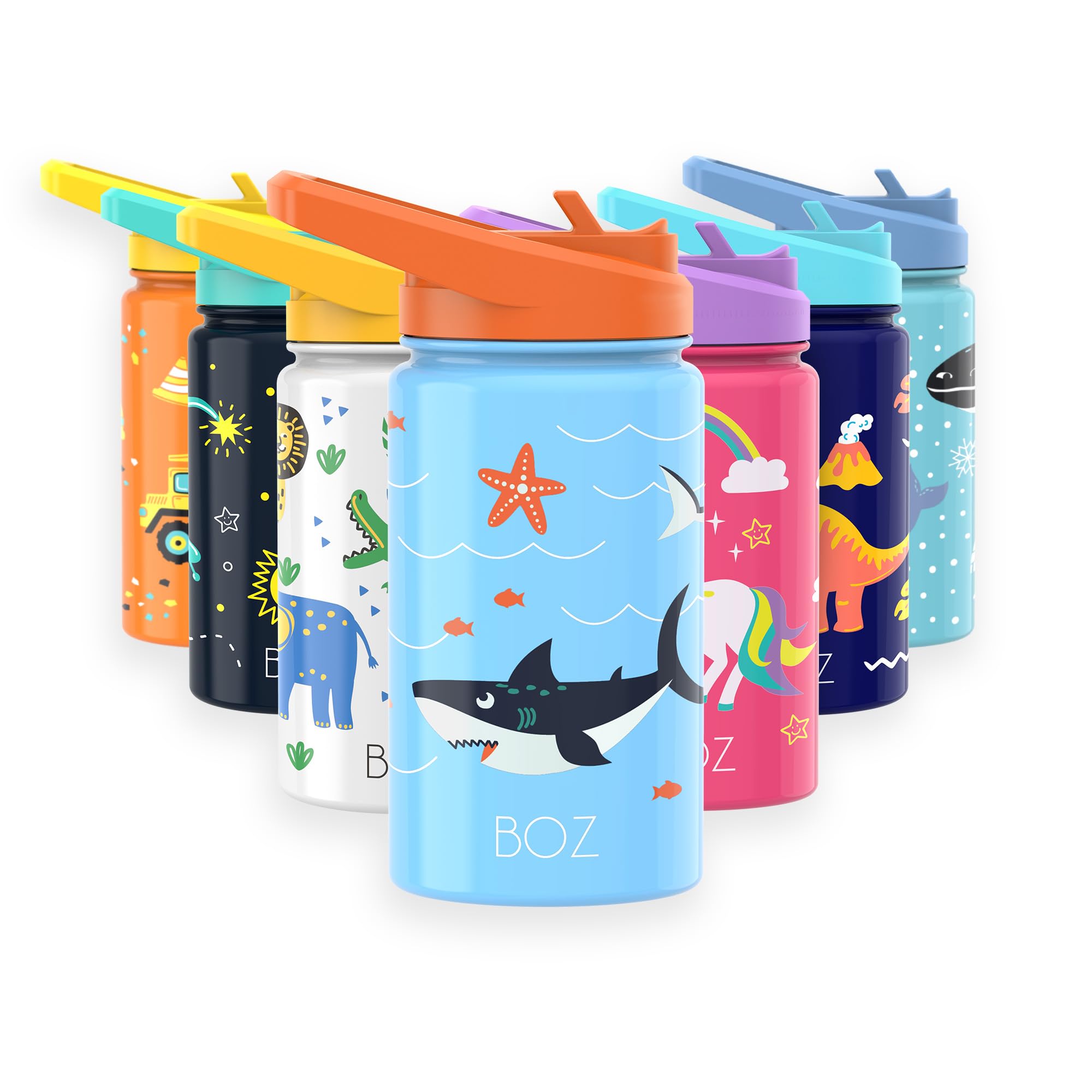 BOZ Kids Water Bottle for School with Straw Lid, Stainless Steel Insulated Water Bottle for Kids, Toddler Water Bottle, Leak Proof Bottle for Toddlers - 414 ml (Sharks)