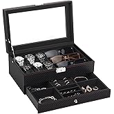 Watch Box, Leather Mens Jewelry Box With 6 Slot Watch Case & 3 Slot Sunglasses Organizer, 2 Layers Lockable Watch Holder Organizer With Glass Lid For Earrings, Rings, Bracelets, Gifts for Men
