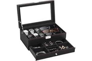 BOAILYDI Watch Box, Leather Mens Jewelry Box With 6 Slot Watch Case & 3 Slot Sunglasses Organizer, 2 Layers Lockable Watch Holder Organizer With Glass Lid For Earrings, Rings, Bracelets, Gifts for Men