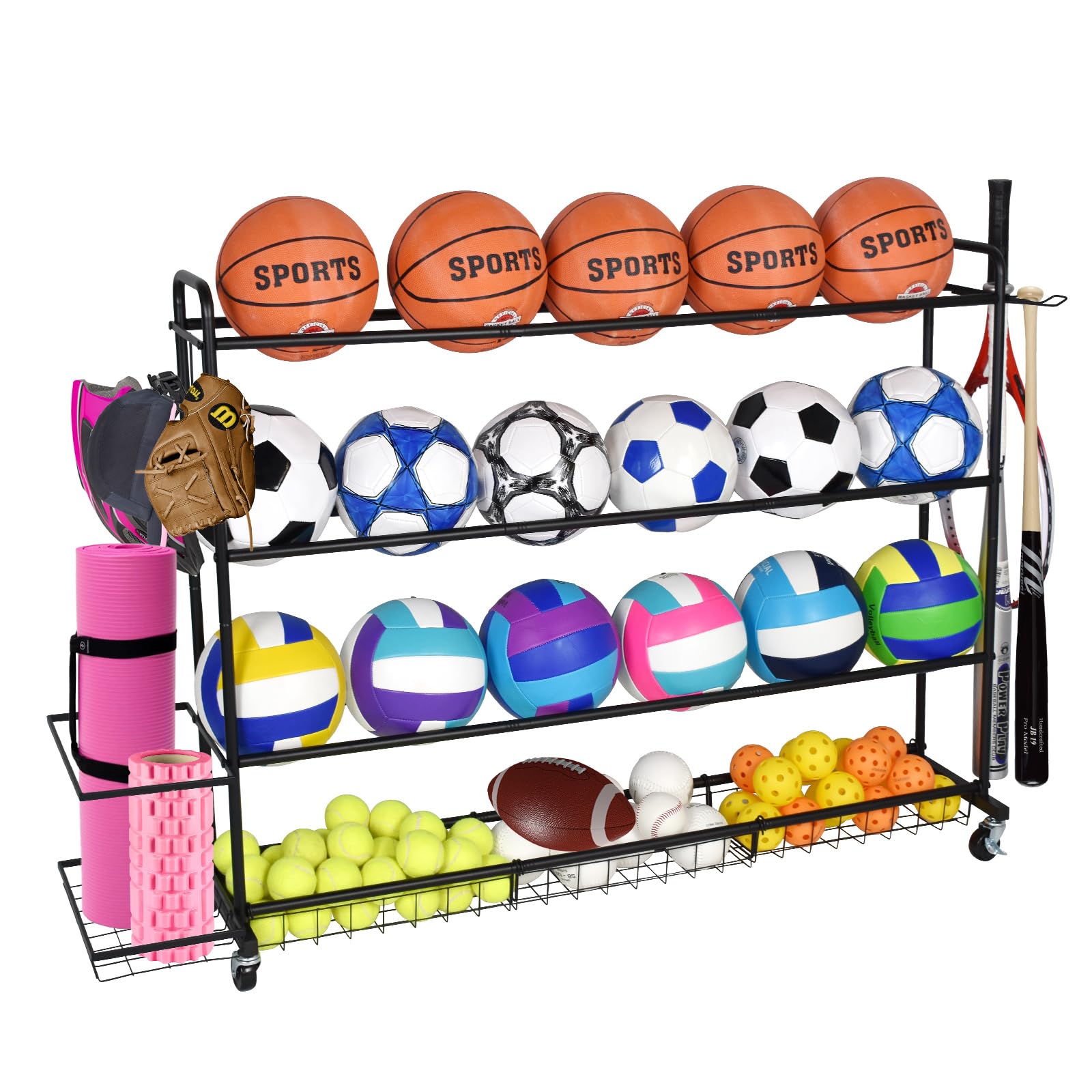 Photo 1 of (missing hardware) ELKCIP Basketball Rack, Shooting Training Rolling Ball Stand, Garage Organizer with Wheels, 4-Layer Sports Equipment Storage Holder