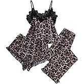 BEAUDRM Women's 3 Piece Sexy Mesh Sheer Pajama Sets Leopard Print Lace Cami Top and Ruffle Hem Shorts Pants Set Cheetah Pjs