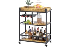 Azheruol Bar Cart with Basket 3 Tiers Home Rolling Wine Rack with Wheels Mobile Kitchen Industrial Vintage Style Wood Metal Serving Trolley Serving Cart,Glass Holder Bar Cabinet
