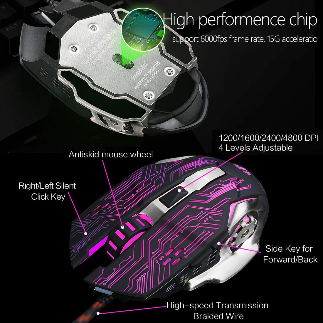 Inphic Gaming Mouse, Silent Click USB Optical Wired PC Laptop Computer Gaming Mouse 4800DPI Ergonomic Mice with 6 Programmable Buttons,4 DPI Adjustment, RGB Breathing LED