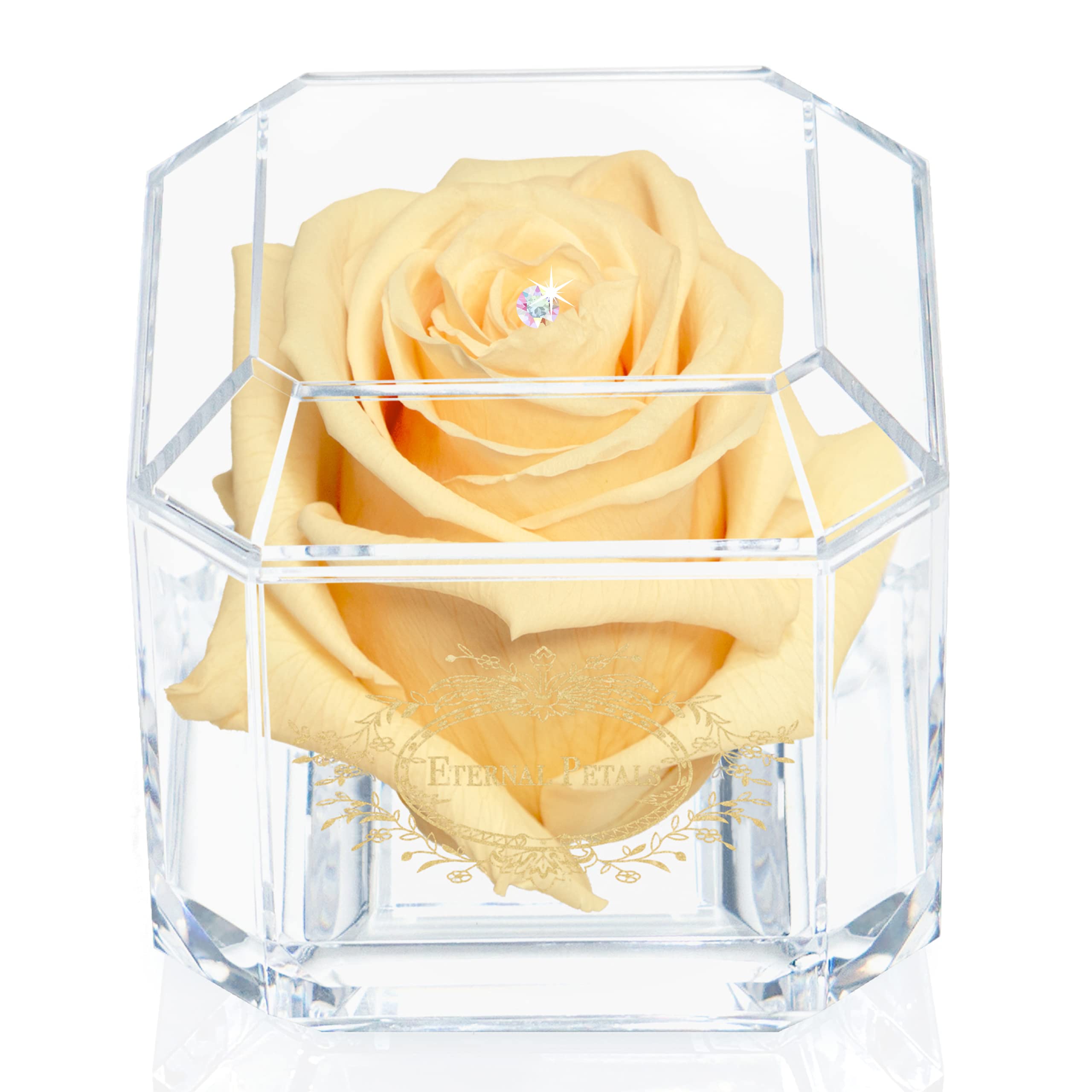 Eternal Petals A 100% Real Rose That Lasts Years, Handmade in UK – Gold Solo with A Multicolour Crystal (Champagne)