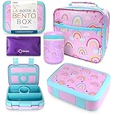 Bento Lunch Box with Thermo for Kids Set, Insulated Lunch Bag with Ice Pack, Stainless Steel Food Jar for Hot Soup, Boxes with 4 Compartments for Girls Toddler Snacks Lunches, Purple Rainbow